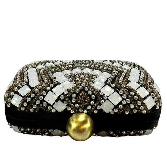 Santi India Beaded Evening Clutch Bag Hard Shell White & Gold on Black 7"W NWT - Picture 3 of 10